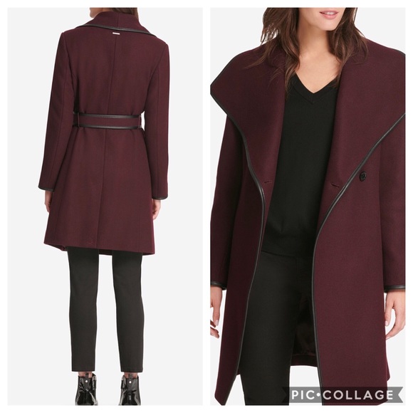 DKNY Faux-Leather-Trim Wrap Coat ๐งฅ in Bordeaux - Picture 13 of 17